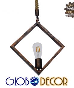 GloboStar® ALCO 01023 Vintage Industrial Κρεμαστό Φωτιστικό Οροφής Μονόφωτο Καφέ Σκουριά Μεταλλικό με Μπεζ Σχοινί Μ45 x Π10 x Υ45cm