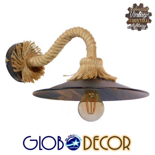 GloboStar® BRASSO 01132 Vintage Φωτιστικό Τοίχου Απλίκα Μονόφωτο Καφέ Σκουριά Μεταλλικό Καμπάνα με Μπεζ Σχοινί Φ27 x Μ44 x Π27 x Υ27cm