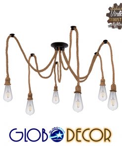 GloboStar® ATROX 01547 Vintage Φωτιστικό Οροφής Πολύφωτο Μαύρο με 6x2 Μέτρα Μπεζ Σχοινί