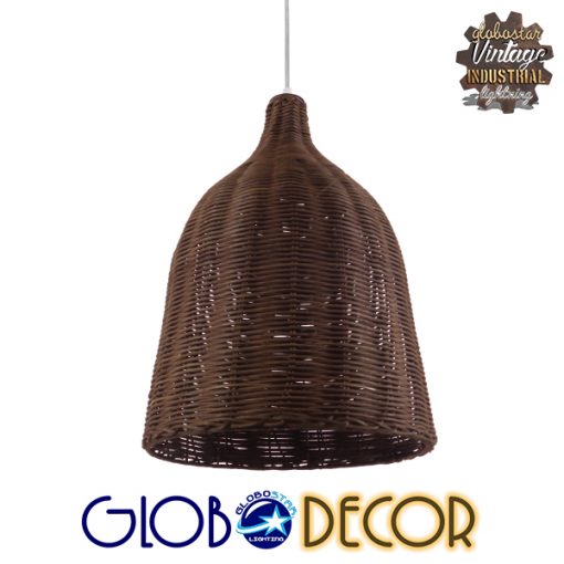 GloboStar® BAHAMAS 01367 Vintage Κρεμαστό Φωτιστικό Οροφής Μονόφωτο Καφέ Σκούρο Ξύλινο Ψάθινο Bamboo Φ30 x Υ40cm