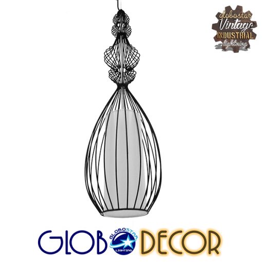 GloboStar® CLEO 01561 Vintage Industrial Κρεμαστό Φωτιστικό Οροφής Μονόφωτο Μαύρο Μεταλλικό Πλέγμα και Υφασμάτινο Εσωτερικό Καπέλο Φ20 x Υ90cm