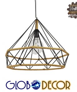 GloboStar® CONCRETE 01422 Vintage Κρεμαστό Φωτιστικό Οροφής Μονόφωτο Μαύρο Μεταλλικό με Μπεζ Σχοινί Φ50 x Υ44cm