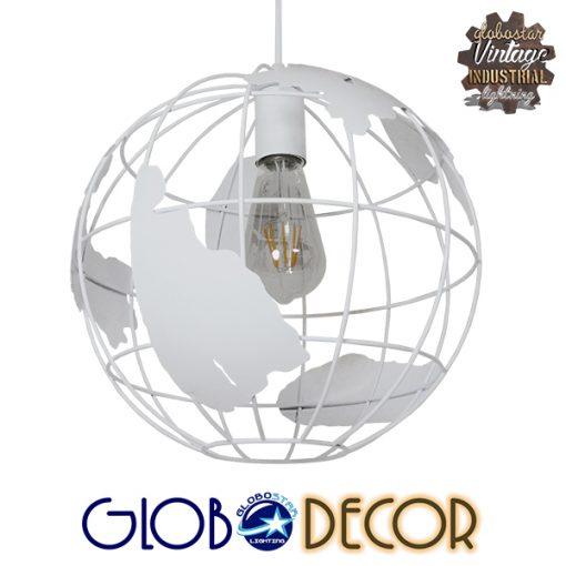 GloboStar® EARTH 30CM 01382 Vintage Industrial Κρεμαστό Φωτιστικό Οροφής Μονόφωτο Λευκό Μεταλλικό Πλέγμα Φ30 x Υ30cm
