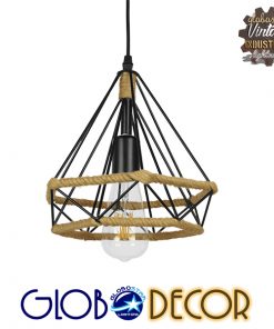 GloboStar® FLUTED 01421 Vintage Κρεμαστό Φωτιστικό Οροφής Μονόφωτο Μαύρο Μεταλλικό με Μπεζ Σχοινί Φ25 x Υ24cm