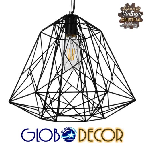 GloboStar® GRID 01022 Vintage Industrial Kρεμαστό Φωτιστικό Οροφής Μονόφωτο Μαύρο Μεταλλικό Πλέγμα Φ32 x Y34cm