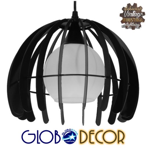 GloboStar® INGLEY 01226 Μοντέρνο Κρεμαστό Φωτιστικό Οροφής Μονόφωτο Μαύρο Μεταλλικό Πλέγμα με Λευκό Γυαλί Φ26 x Y21cm