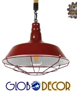 GloboStar® ISCAR 01410 Vintage Industrial Κρεμαστό Φωτιστικό Οροφής Μονόφωτο Μπορντό Κόκκινο Λευκό Μεταλλικό Καμπάνα Πλέγμα με Μπεζ Σχοινί Φ36 x Υ31cm
