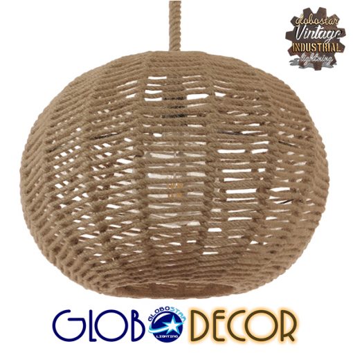 GloboStar® MANDALA 01331 Vintage Κρεμαστό Φωτιστικό Οροφής Μονόφωτο Πλέγμα με Μπεζ Σχοινί Φ42 x Υ34cm