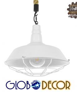 GloboStar® NARANZA 01409 Vintage Industrial Κρεμαστό Φωτιστικό Οροφής Μονόφωτο Λευκό Ματ Μεταλλικό Καμπάνα Πλέγμα με Μπεζ Σχοινί Φ36 x Υ31cm