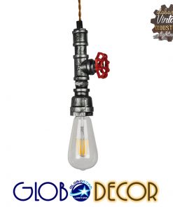 GloboStar® RUBINETTO 01583 Vintage Industrial Κρεμαστό Φωτιστικό Οροφής Μονόφωτο Ασημί Μεταλλικό Μ5 x Π7.5 x Y20cm